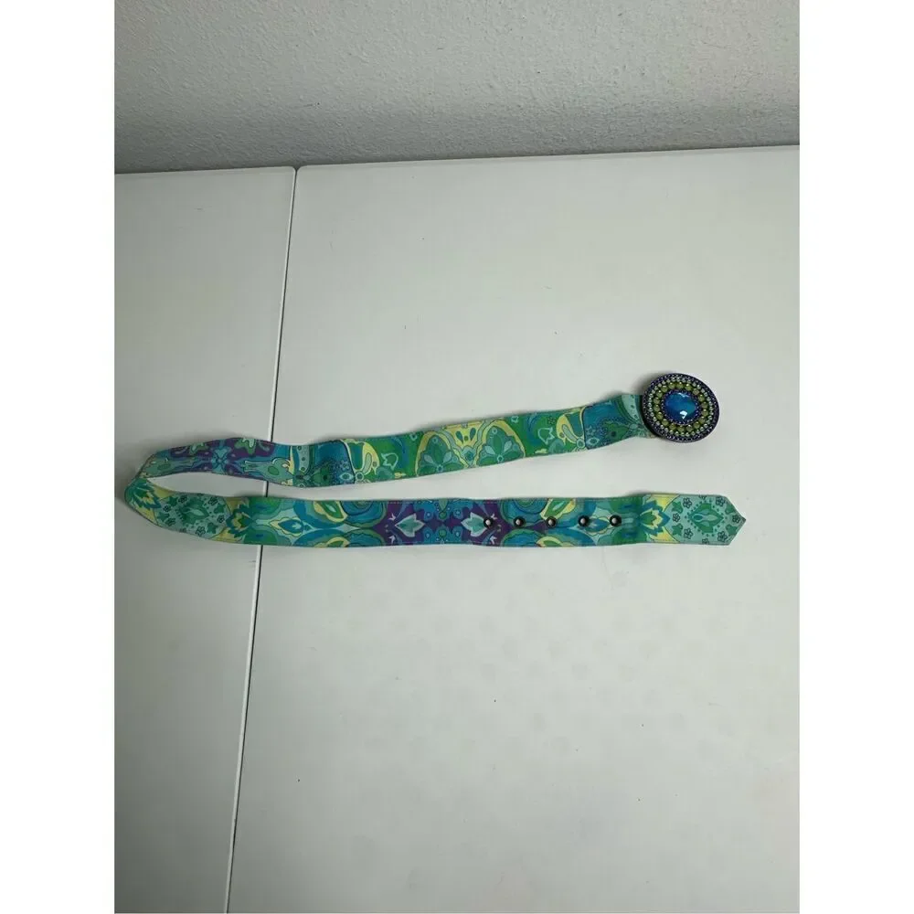 FABRIC Belt w/Floral Pin Buckle Rhinestone Trim Sz 36”Middle Hole GREEN BLUE